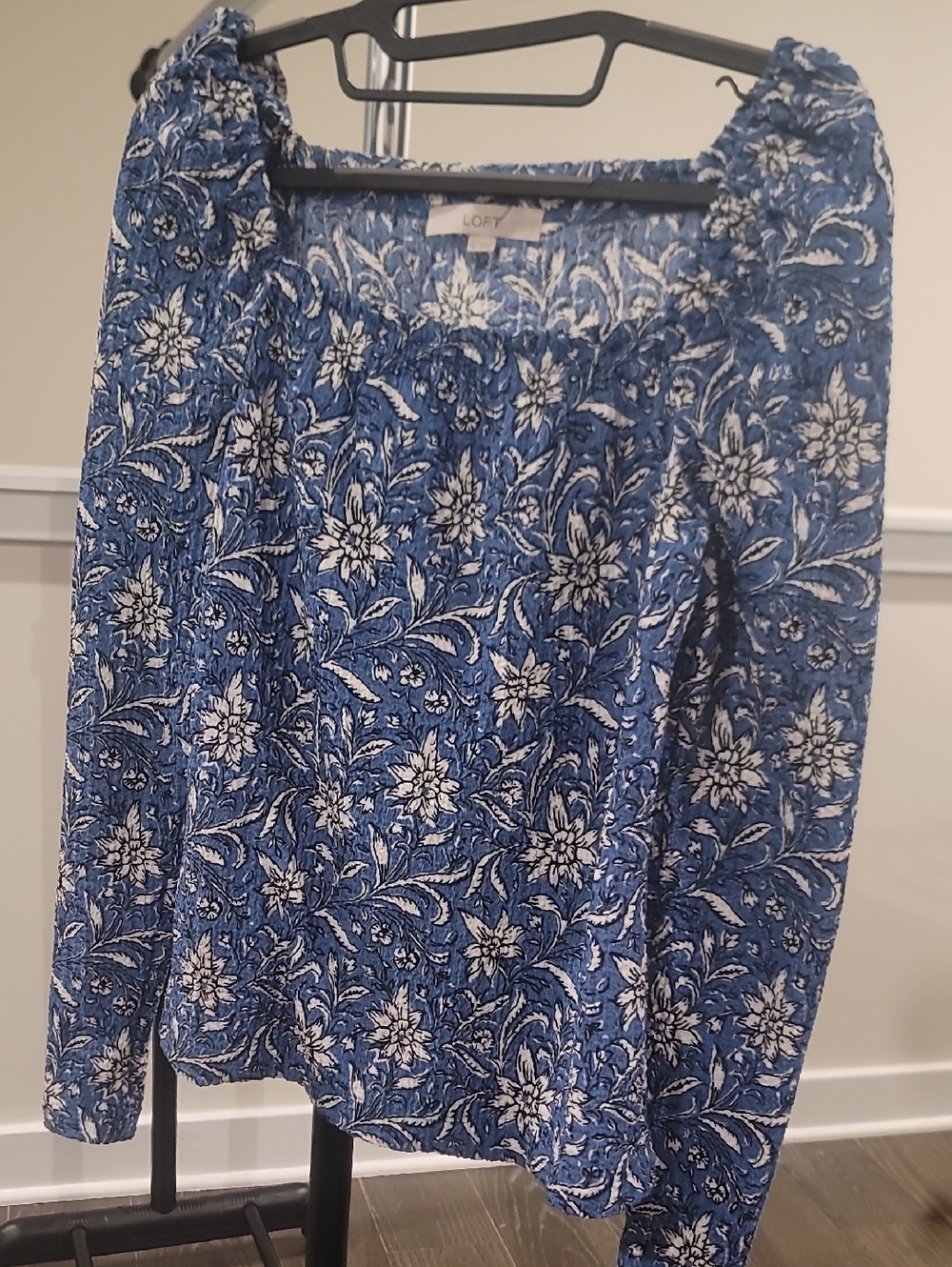 LOFT Blue and White Floral Smocked Neck Top
